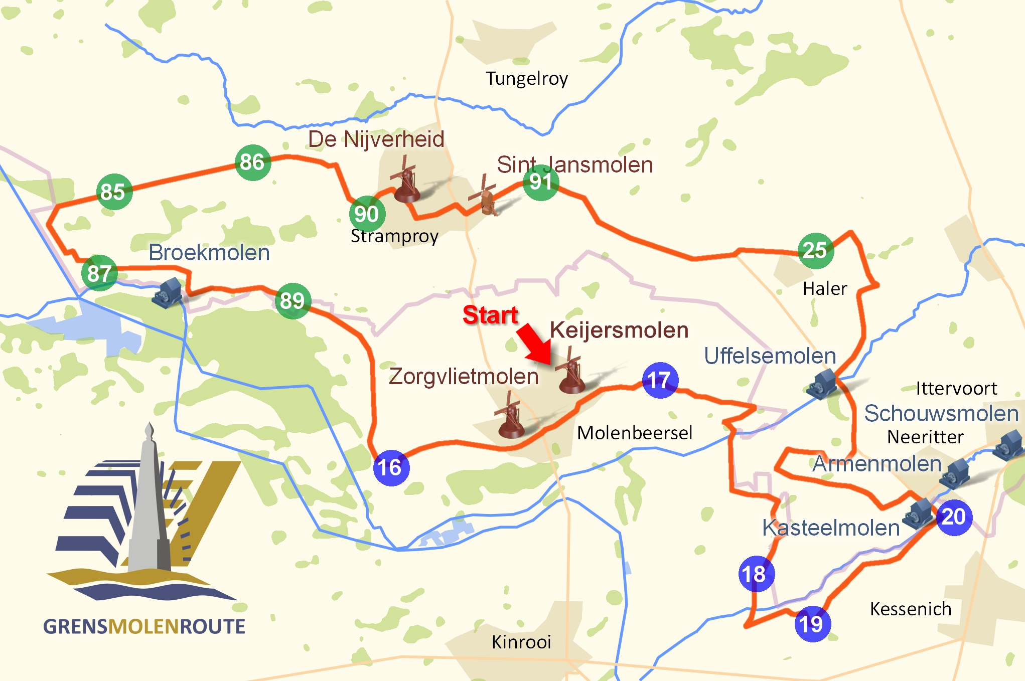 De Grensmolenroute is via het knooppuntennetwerk makkelijk te volgen